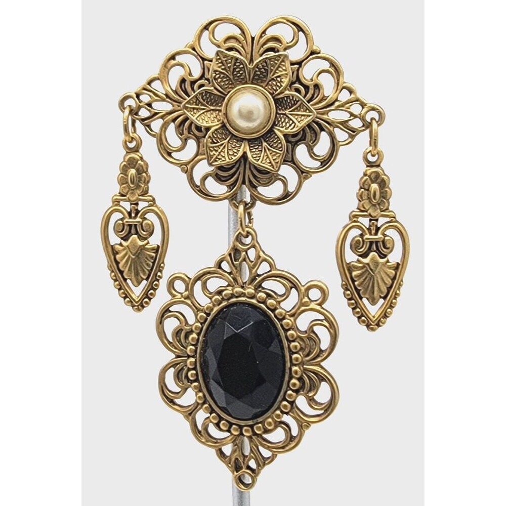 Art Nouveau Style Gold Tone Filigree Brooch Pin Black Stone Faux Pearl Dangle